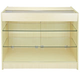 Verkaufstheke aus hellem Ahornholz mit zwei Glasregalen, ideal für Ladengeschäfte, modernes Design und klare Linienführung