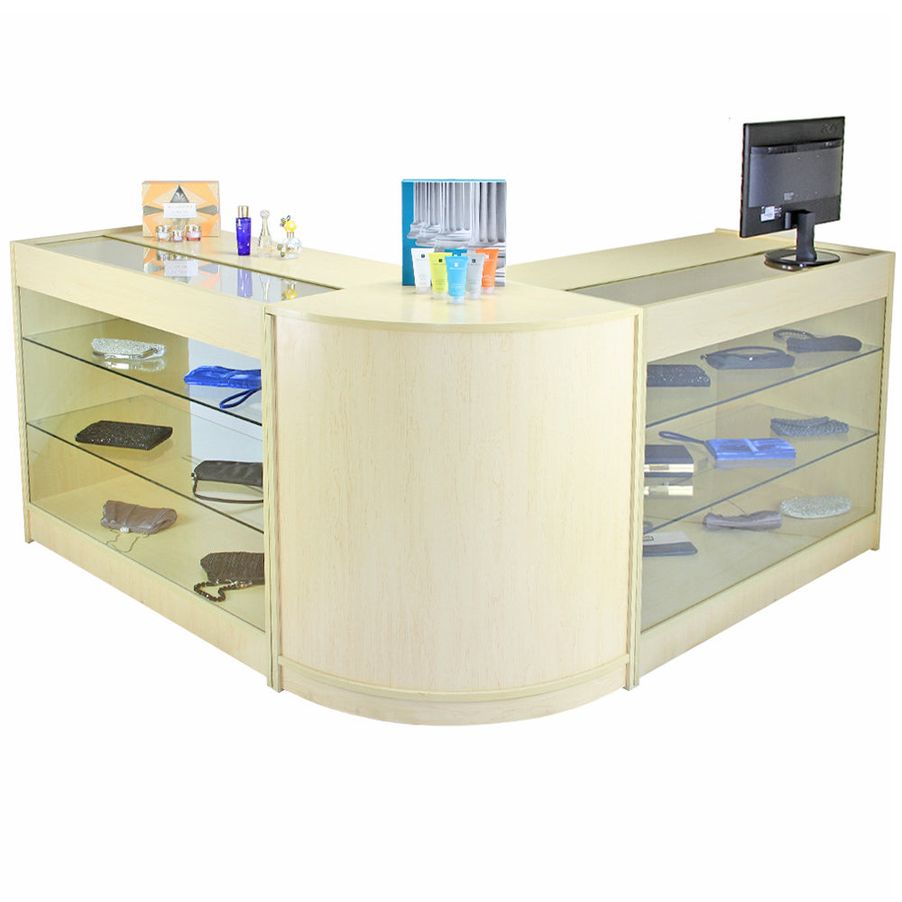 Eleganter Verkaufsstand aus hellem Ahornholz mit gläsernen Regalen, abgerundeten Ecken und einem integrierten Bildschirm für moderne Einzelhandelspräsentationen