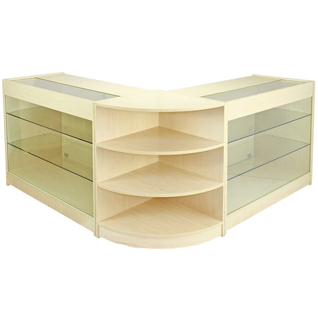 Elegante Verkaufstheke aus hellem Ahornholz mit Glasflächen, abgerundeten Ecken und offenen Regalen für ansprechende Produktpräsentation