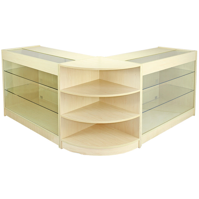 Elegante Verkaufstheke aus hellem Ahornholz mit Glasflächen, abgerundeten Ecken und offenen Regalen für ansprechende Produktpräsentation