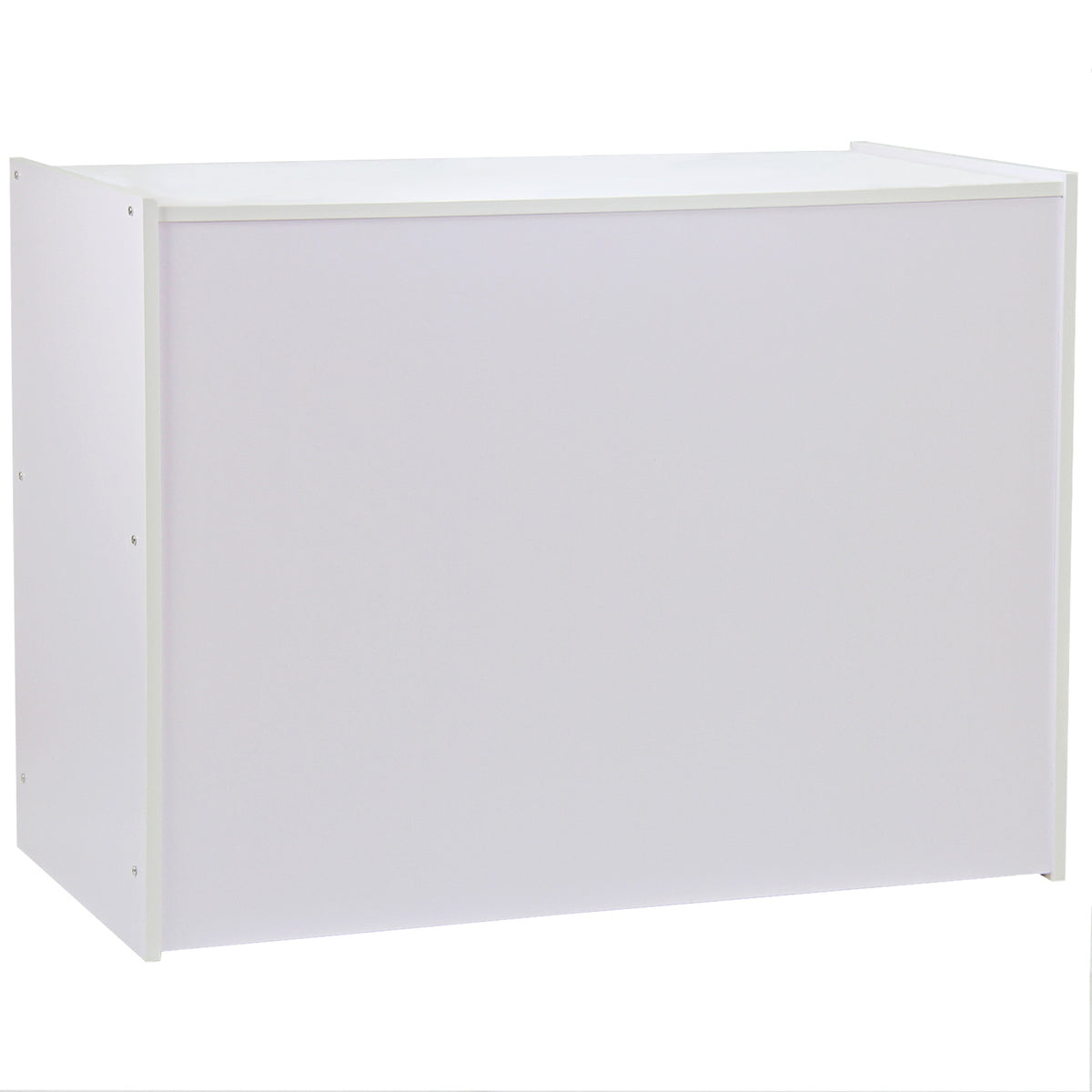 Moderne Verkaufstheke in brillantem Weiß, mit glatter Oberfläche und minimalistischer Form, ideal für Ladengestaltungen und Präsentationen
