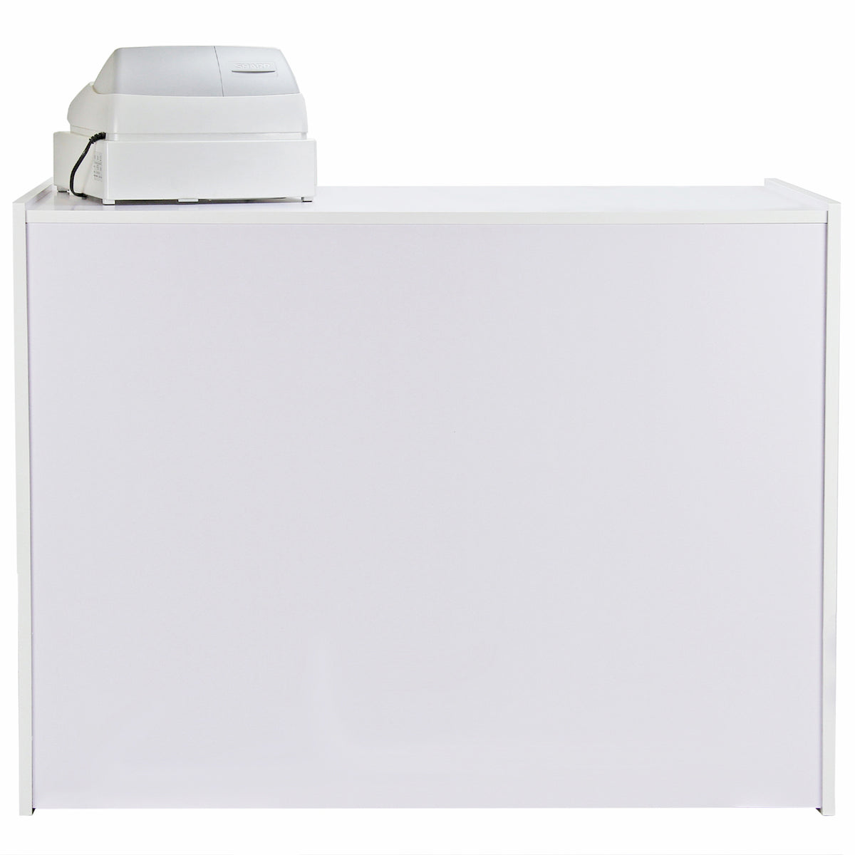 Moderne Verkaufstheke in brillantem Weiß, mit glatter Oberfläche und minimalistischer Form, ausgestattet mit einem Kassensystem auf der Oberseite
