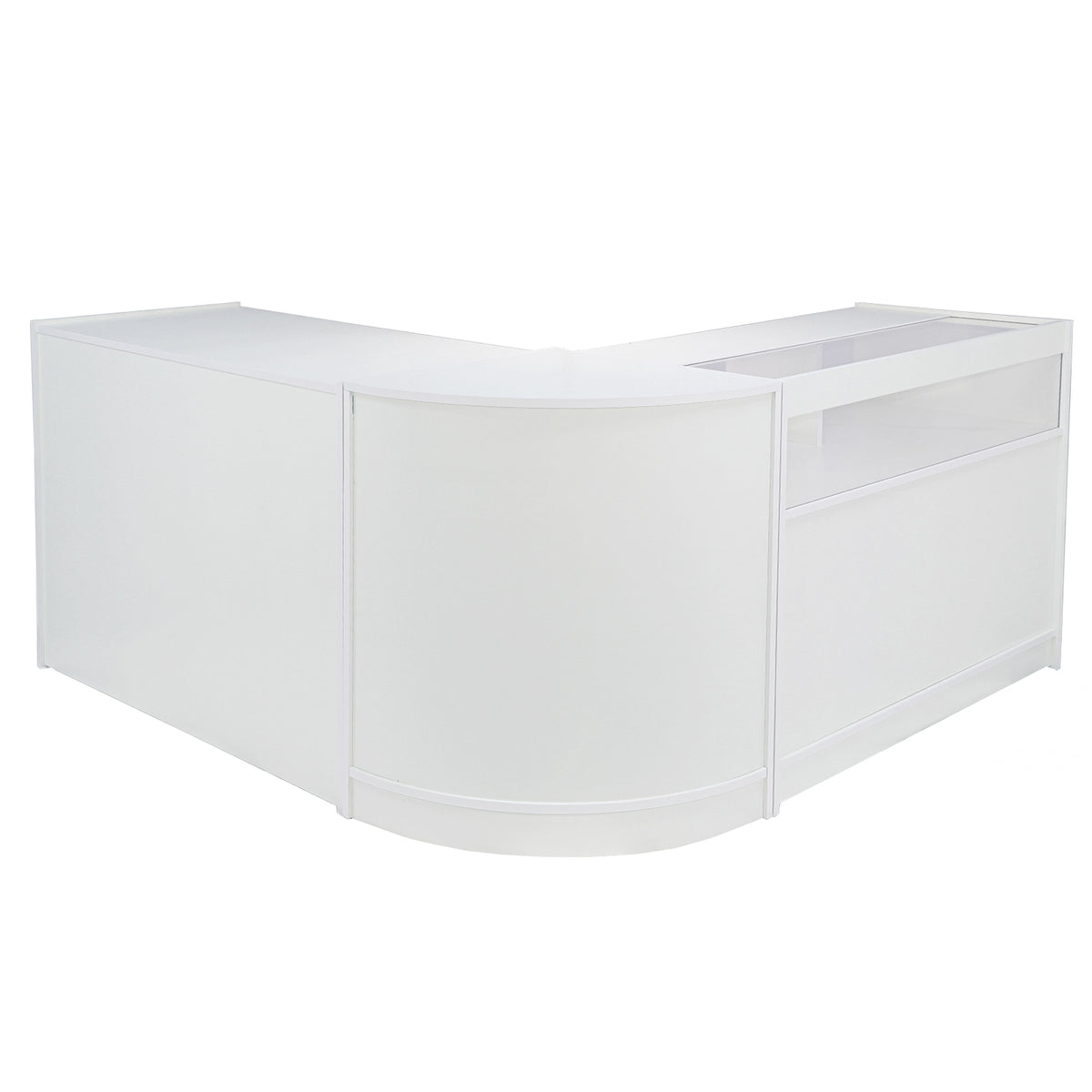 Moderne, weiße Ladentheke mit abgerundeten Kanten und glatter Oberfläche, ideal für Empfangsbereiche und Verkaufsräume