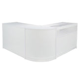 Moderne, weiße Ladentheke mit abgerundeten Kanten und glatter Oberfläche, ideal für Empfangsbereiche und Verkaufsräume