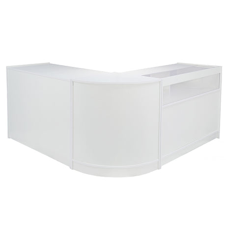 Moderne, weiße Ladentheke mit abgerundeten Kanten und glatter Oberfläche, ideal für Empfangsbereiche und Verkaufsräume