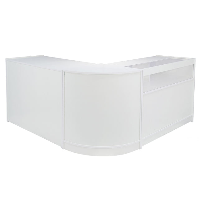 Moderne, weiße Ladentheke mit abgerundeten Kanten und glatter Oberfläche, ideal für Empfangsbereiche und Verkaufsräume