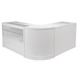 Eleganter, L-förmiger Verkaufstresen in brillantem Weiß mit gläserner Front und glatten, modernen Oberflächen für einen stilvollen Look