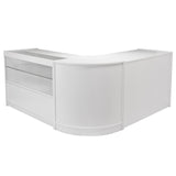 Eleganter, L-förmiger Verkaufstresen in brillantem Weiß mit gläserner Front und glatten, modernen Oberflächen für einen stilvollen Look