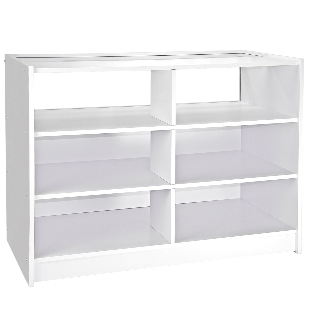 Moderne weiße Verkaufstheke mit klaren Linien, mehreren offenen Regalen und glatter, glänzender Oberfläche, ideal für Empfangsbereiche und Verkaufsräume