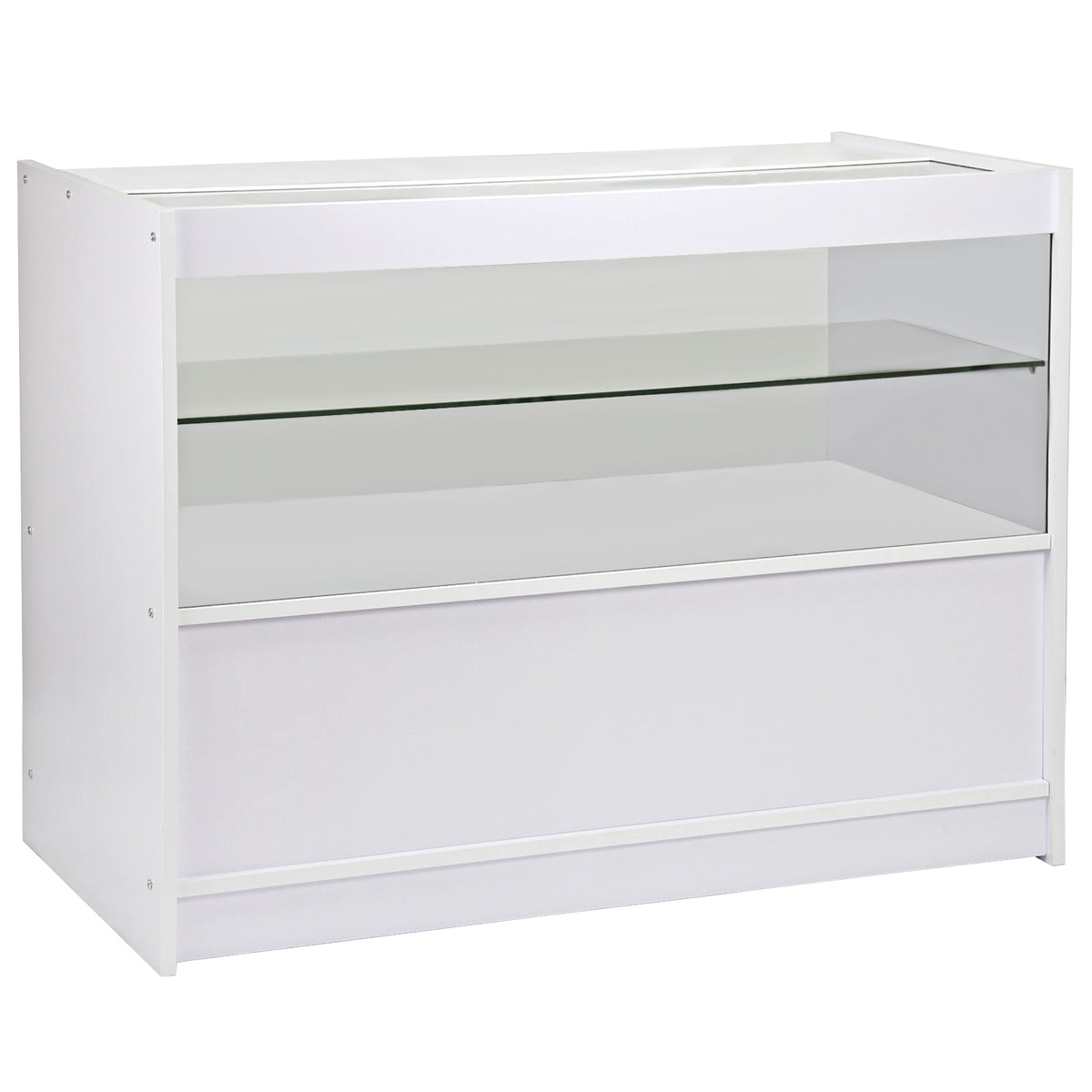 Moderne weiße Verkaufstheke mit gläsernem Regal, elegantem Design und glatter Oberfläche, ideal für Empfangsbereiche und Verkaufsräume
