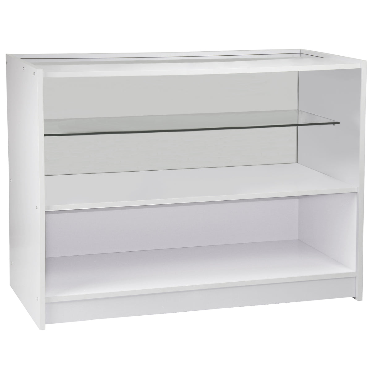 Moderne, weiße Verkaufstheke mit Glasablage, geräumigem Stauraum und glatten Oberflächen, ideal für Empfangsbereiche und Verkaufsräume