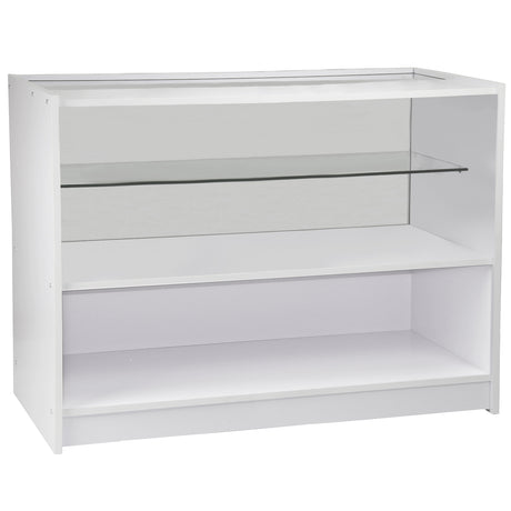 Moderne, weiße Verkaufstheke mit Glasablage, geräumigem Stauraum und glatten Oberflächen, ideal für Empfangsbereiche und Verkaufsräume