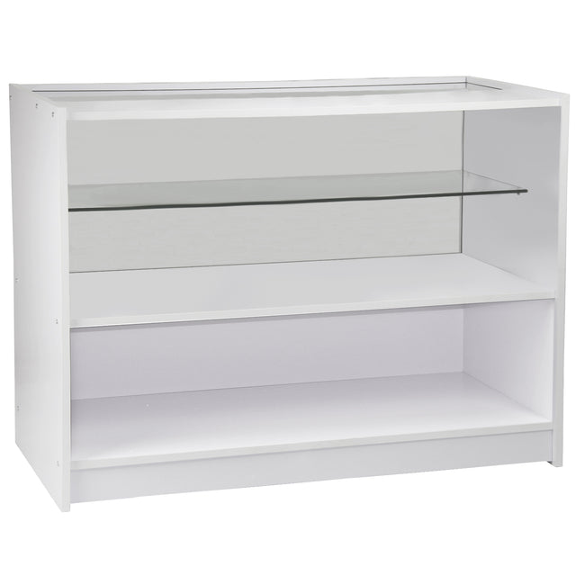 Moderne, weiße Verkaufstheke mit Glasablage, geräumigem Stauraum und glatten Oberflächen, ideal für Empfangsbereiche und Verkaufsräume