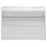 Moderne Verkaufstheke in Weiß mit transparentem Glasregal, ideal für Empfangsbereiche, bietet eleganten Stauraum und ansprechendes Design