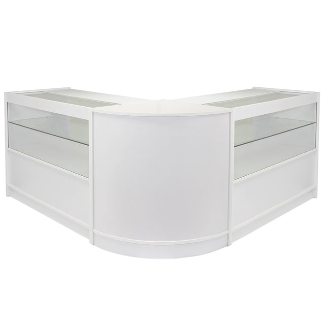 Elegantes Ladenmöbel in Brilliant-Weiß mit gläsernen Vitrinen, abgerundeten Kanten und modernem Design, ideal für Verkaufsräume und Ausstellungen