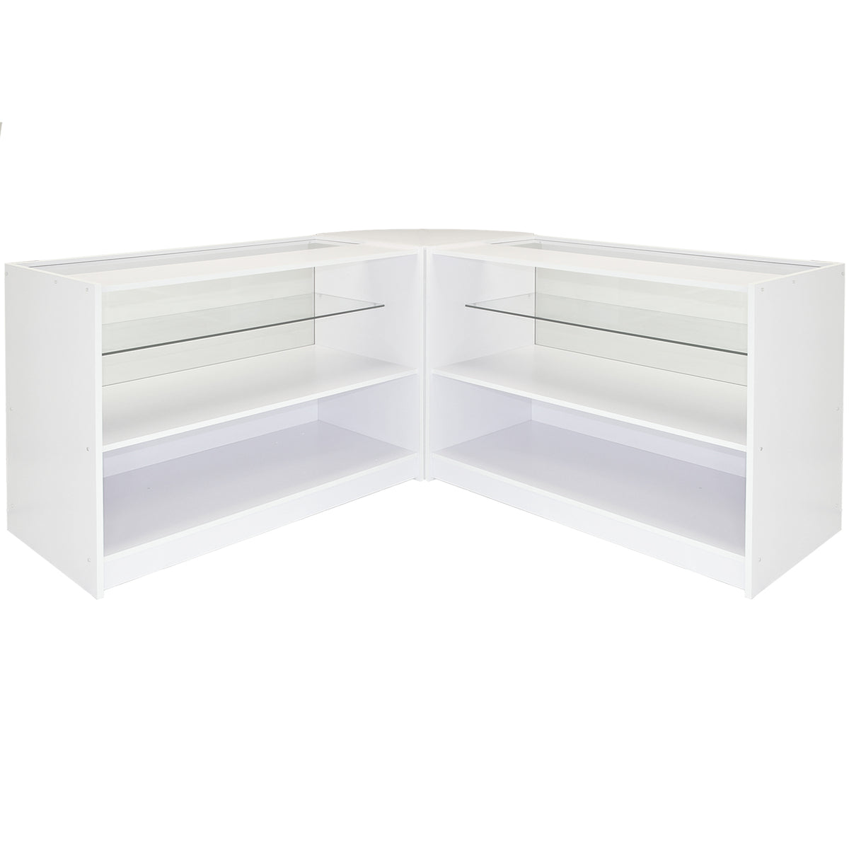 Eckregal in brillant-weiß mit gläsernen Ablagen, ideal für die Präsentation von Produkten, modernes Design und klare Linien für einen eleganten Look