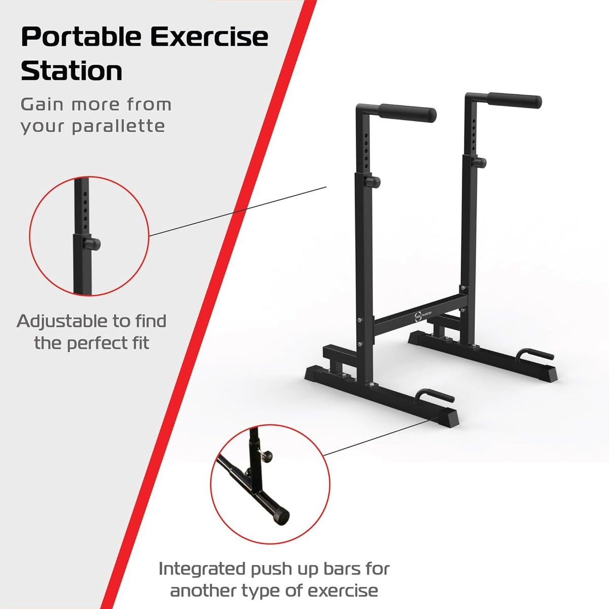 Schwarze Parallettes XL Dip-Barren mit verstellbaren Griffen, stabiler Konstruktion und integrierten Push-up-Stangen für vielseitiges Training