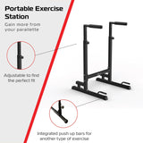 Schwarze Parallettes XL Dip-Barren mit verstellbaren Griffen, stabiler Konstruktion und integrierten Push-up-Stangen für vielseitiges Training