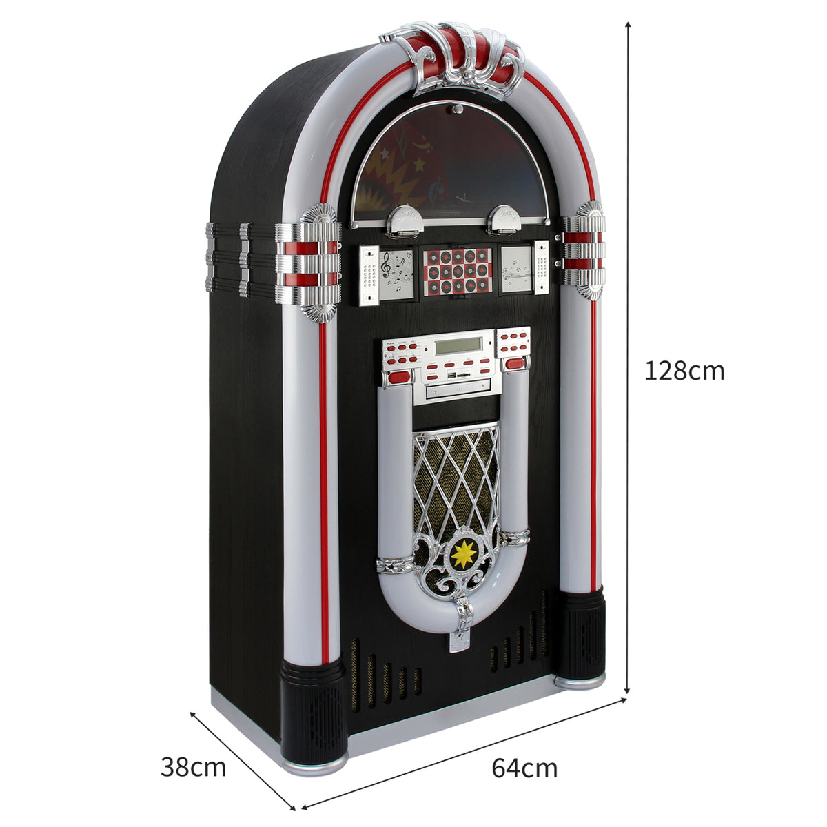 Schwarzer Vinyl-Jukebox mit glänzenden chromfarbenen Akzenten, roten und silbernen Details, ausgestattet mit einem CD-Player und beleuchtetem Display