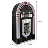 Schwarzer Vinyl-Jukebox mit glänzenden chromfarbenen Akzenten, roten und silbernen Details, ausgestattet mit einem CD-Player und beleuchtetem Display