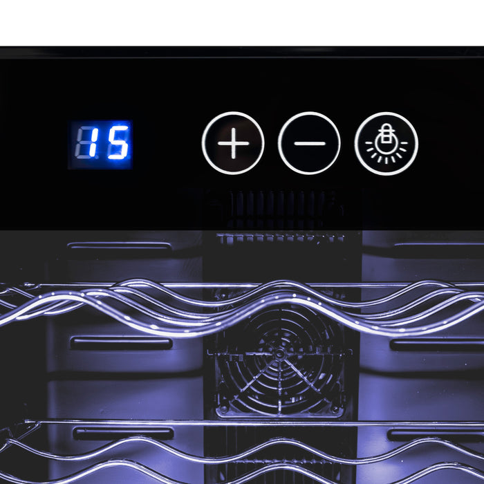 Schwarzer Weinkühler mit digitalem Display, Temperaturregler und Lüfter, innen mit eleganten, gewellten Regalen für Flaschen angeordnet