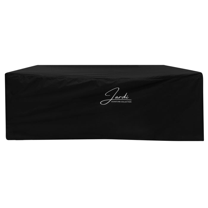 Schwarze Tischdecke aus strapazierfähigem Material mit elegantem, weißem Schriftzug "Jardi" für stilvolle Tischdekoration