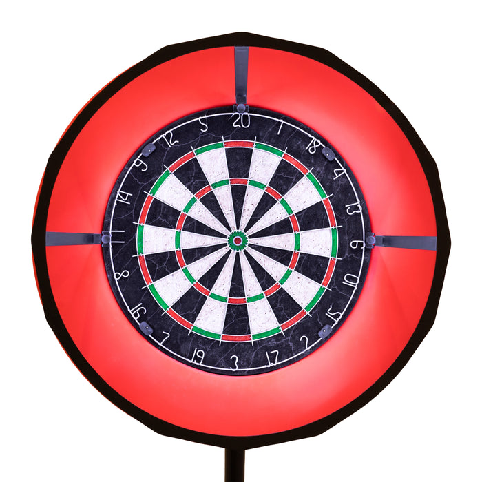 Eine beleuchtete Dartscheibe mit rot leuchtendem Rand, schwarzem Hintergrund und weißen, nummerierten Feldern, ideal für Spiele und Turniere
