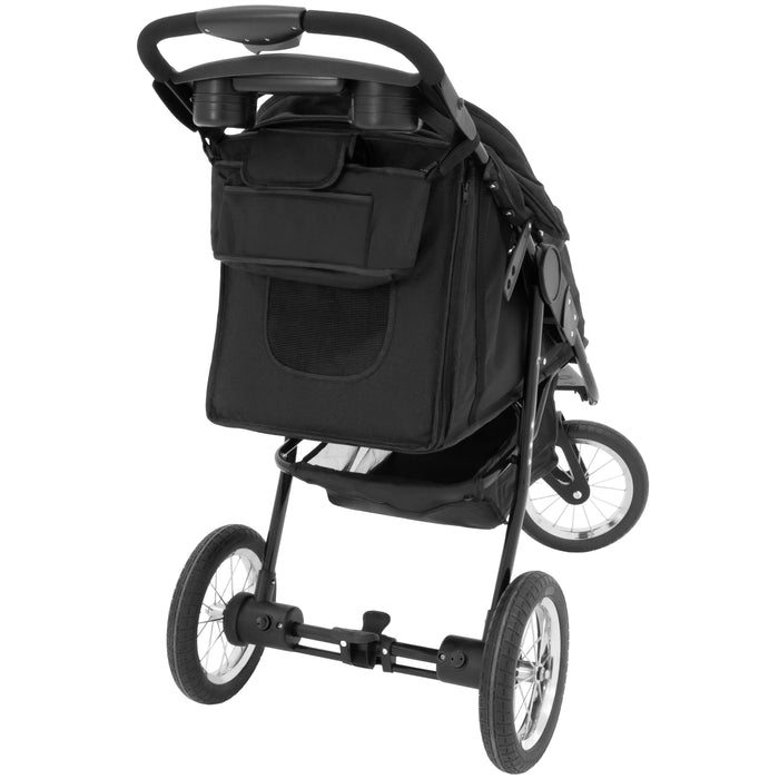 Schwarzer Kinderwagen mit großen Rädern, geräumigem Stauraum und verstellbarem Griff, ideal für Spaziergänge und Ausflüge mit Kleinkindern