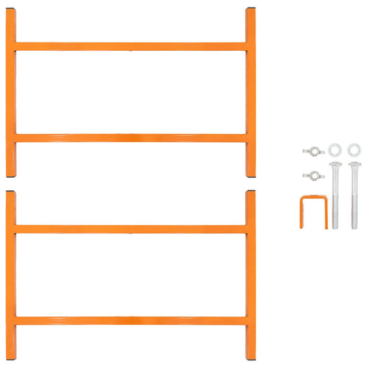 Zwei orangefarbene Metallregalrahmen mit Schrauben und Befestigungselementen, ideal für die Lagerung und Organisation von Produkten in einem E-Commerce-Shop