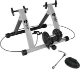 Magnetischer Rollentrainer Velo Pro in Silber mit stabilen schwarzen Standfüßen, inklusive Trainingsmatte und Zubehör für sicheres Radfahren drinnen