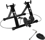 Schwarzer magnetischer Rollentrainer von Velo Pro mit stabilen Füßen, verstellbarem Widerstand und Zubehör für sicheres Training zu Hause