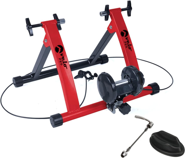 Magnetischer Rollentrainer Velo Pro in Rot und Schwarz, stabiler Rahmen, mit Matte, ideal für Indoor-Training und Fahrradsport