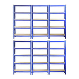 Sechs blaue Monster Racking T-Rax Lagerregale mit stabilen, hellen Regalböden, ideal für die Aufbewahrung und Organisation von Gegenständen