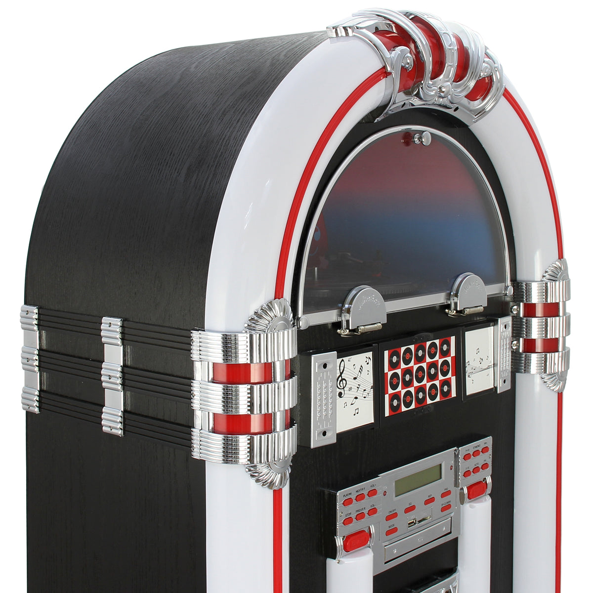 Eleganter Vinyl-Jukebox mit glänzendem, schwarzem Holz, roten und silbernen Akzenten, beleuchtetem Display und klassischen Bedienelementen