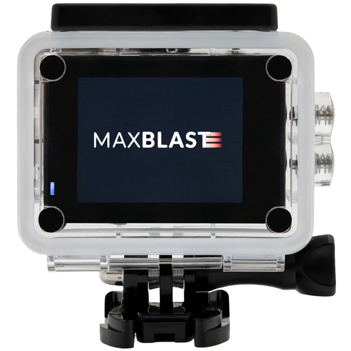 Wasserdichte Action-Kamera mit klarem Gehäuse, schwarzem Bildschirm und MAXBLAST-Logo, ideal für Abenteuer und Sportaufnahmen