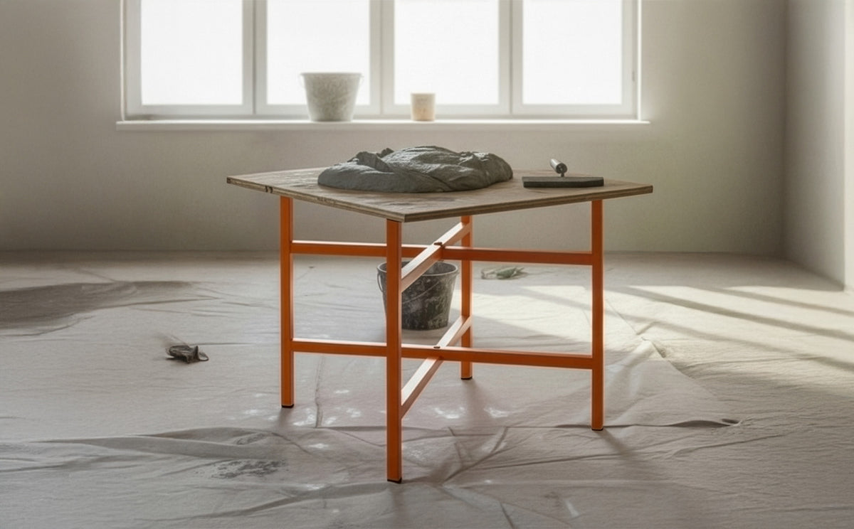 Ein moderner Tisch mit orangefarbenem Metallgestell und einer Holzplatte, darauf liegt eine graue Tonfigur, umgeben von einem hellen Raum