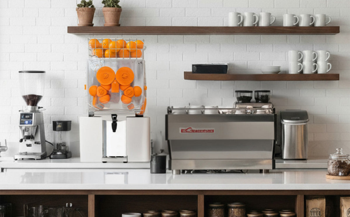 Ein moderner Saftpressen mit orangefarbenen Zitrusfrüchten auf einer eleganten, hellen Küchenarbeitsplatte neben einer Kaffeemaschine und Regalen mit Tassen