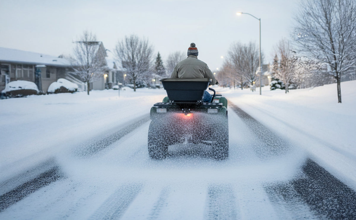 Ein Mann fährt auf einem grünen ATV durch eine verschneite Straße, umgeben von schneebedeckten Bäumen und Häusern, während frischer Schnee aufwirbelt
