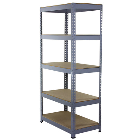 Hochwertiges, graues Lagerregal mit fünf stabilen Regalböden aus Holz, ideal für die Aufbewahrung von Werkzeugen und anderen Gegenständen