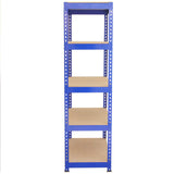 Hochregal in Blau mit fünf stabilen, braunen Holzregalen, ideal für Keller oder Lager, bietet viel Stauraum und robusten Halt