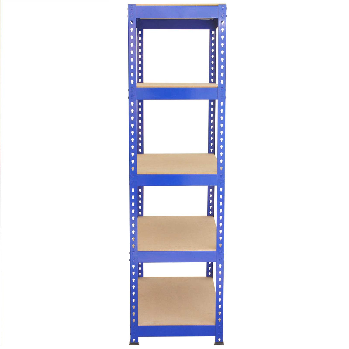 Hochregal in Blau mit fünf stabilen, braunen Holzregalen, ideal für Lagerung und Organisation, 180 cm hoch, 90 cm breit, 50 cm tief