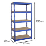 Robustes Q-Rax Lagerregal in Blau, 180 cm hoch, 90 cm breit, 50 cm tief, mit fünf stabilen Regalböden aus Holz für optimalen Stauraum