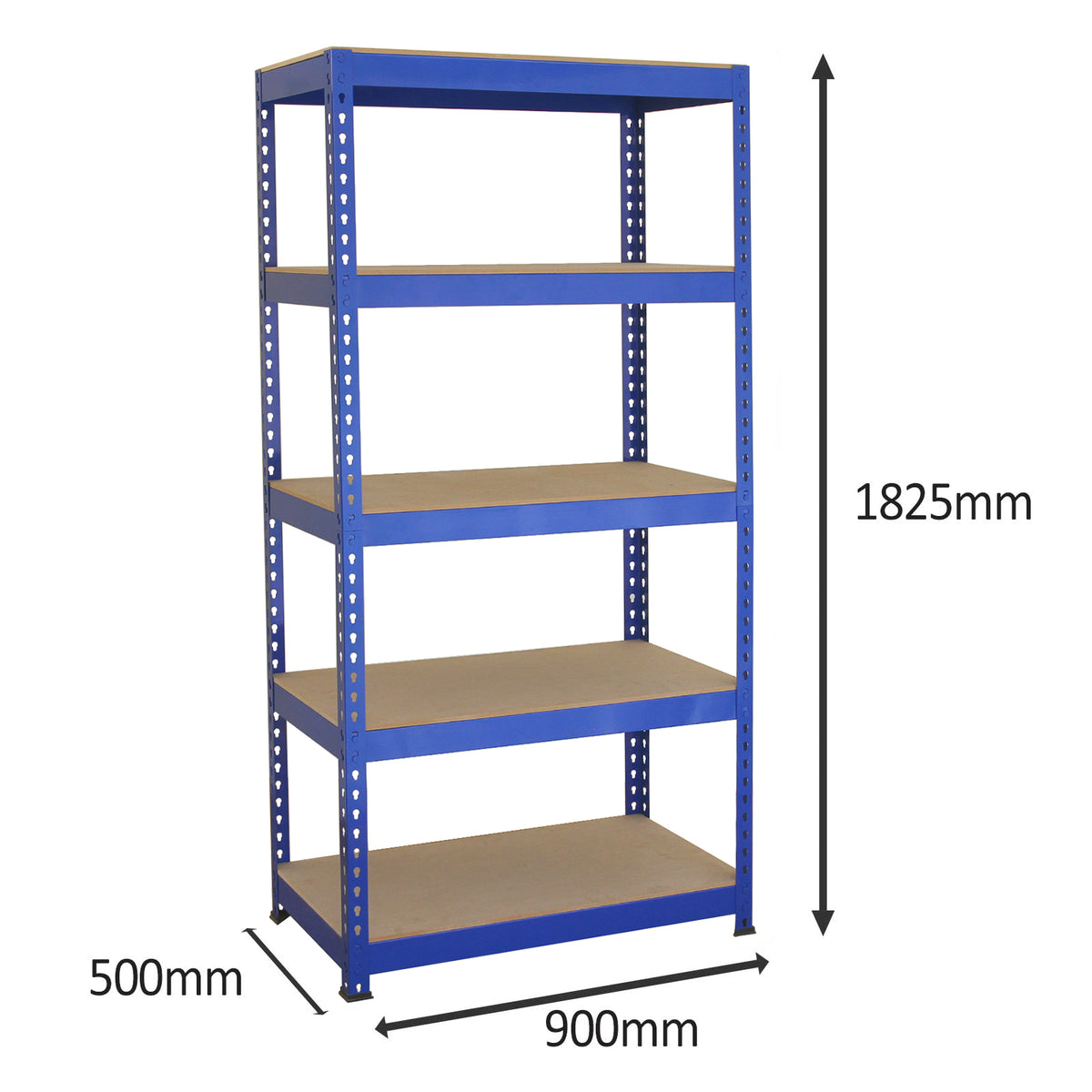 Fünf blaue Q-Rax Lagerregale mit den Maßen 180 cm Höhe, 90 cm Breite und 50 cm Tiefe, ausgestattet mit stabilen, grauen Ablagen aus Holz