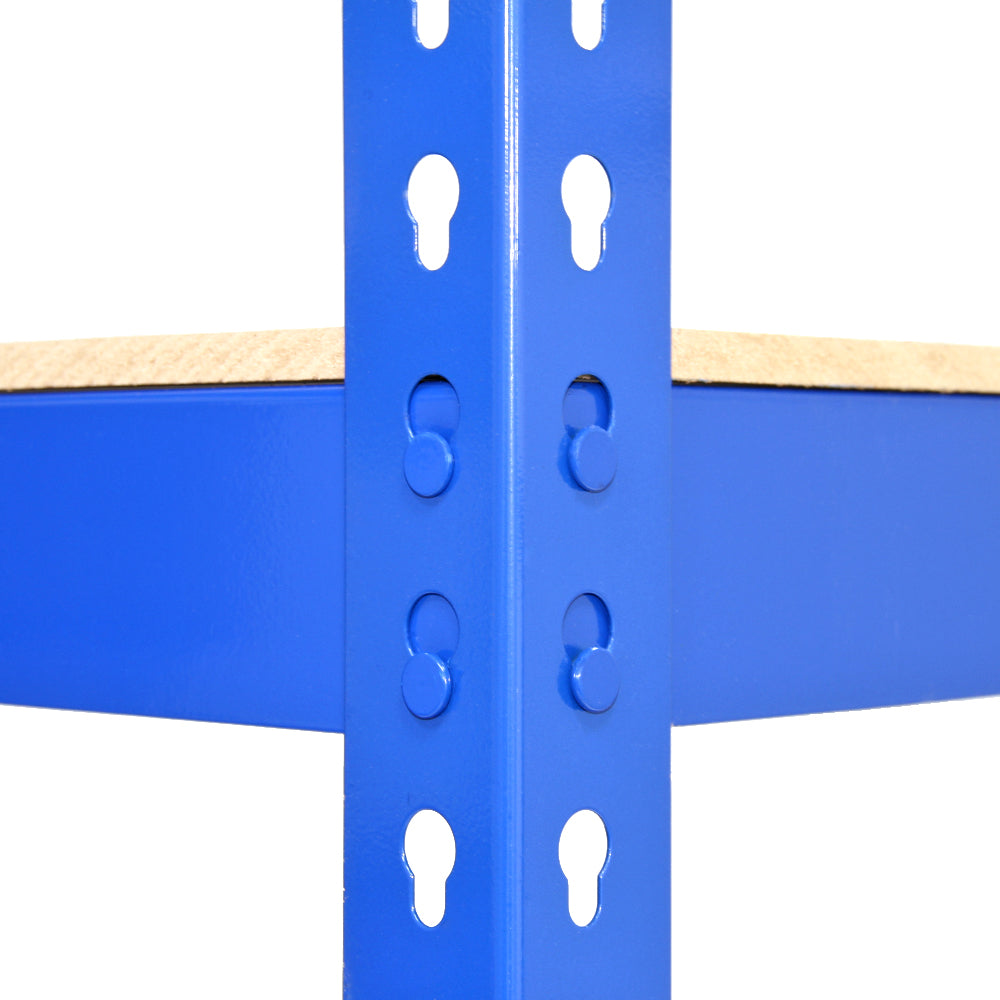 Blaues Q-Rax Lagerregal mit robustem Metallrahmen und Holzregalboden, ideal für die Lagerung von schweren Gegenständen, detailreiche Löcher für Anpassungen