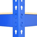 Blaues Q-Rax Lagerregal mit robustem Metallrahmen und Holzregalboden, ideal für die Lagerung von schweren Gegenständen, detailreiche Löcher für Anpassungen