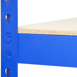 Blaues Q-Rax Lagerregal mit stabilen Metallrahmen und Holzregalen, ideal für die Aufbewahrung von Werkzeugen und Materialien in Werkstätten