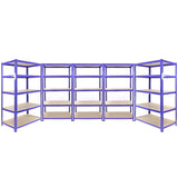 Drei blaue Q-Rax Lagerregale mit einer Höhe von 180 cm, Breite von 90 cm und zwei Regalen mit 180 cm Höhe und 120 cm Breite, stabil und vielseitig einsetzbar