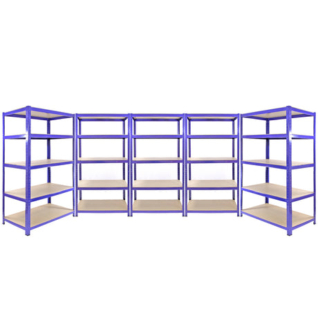 Drei blaue Q-Rax Lagerregale mit einer Höhe von 180 cm, Breite von 90 cm und zwei Regalen mit 180 cm Höhe und 120 cm Breite, stabil und vielseitig einsetzbar