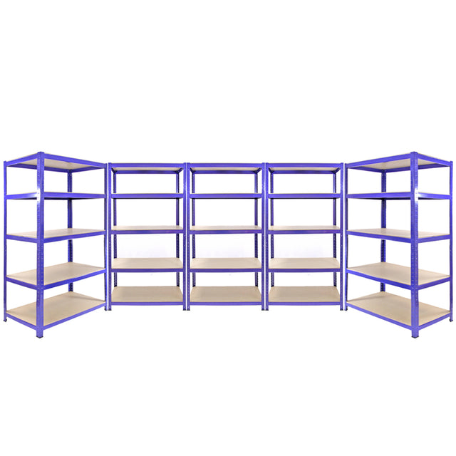 Drei blaue Q-Rax Lagerregale mit einer Höhe von 180 cm, Breite von 90 cm und zwei Regalen mit 180 cm Höhe und 120 cm Breite, stabil und vielseitig einsetzbar