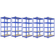 Fünf blaue Q-Rax Lagerregale mit Holzregalen, jeweils 180 cm hoch, 90 cm breit und 50 cm tief, ideal für die Lagerung und Organisation von Gegenständen